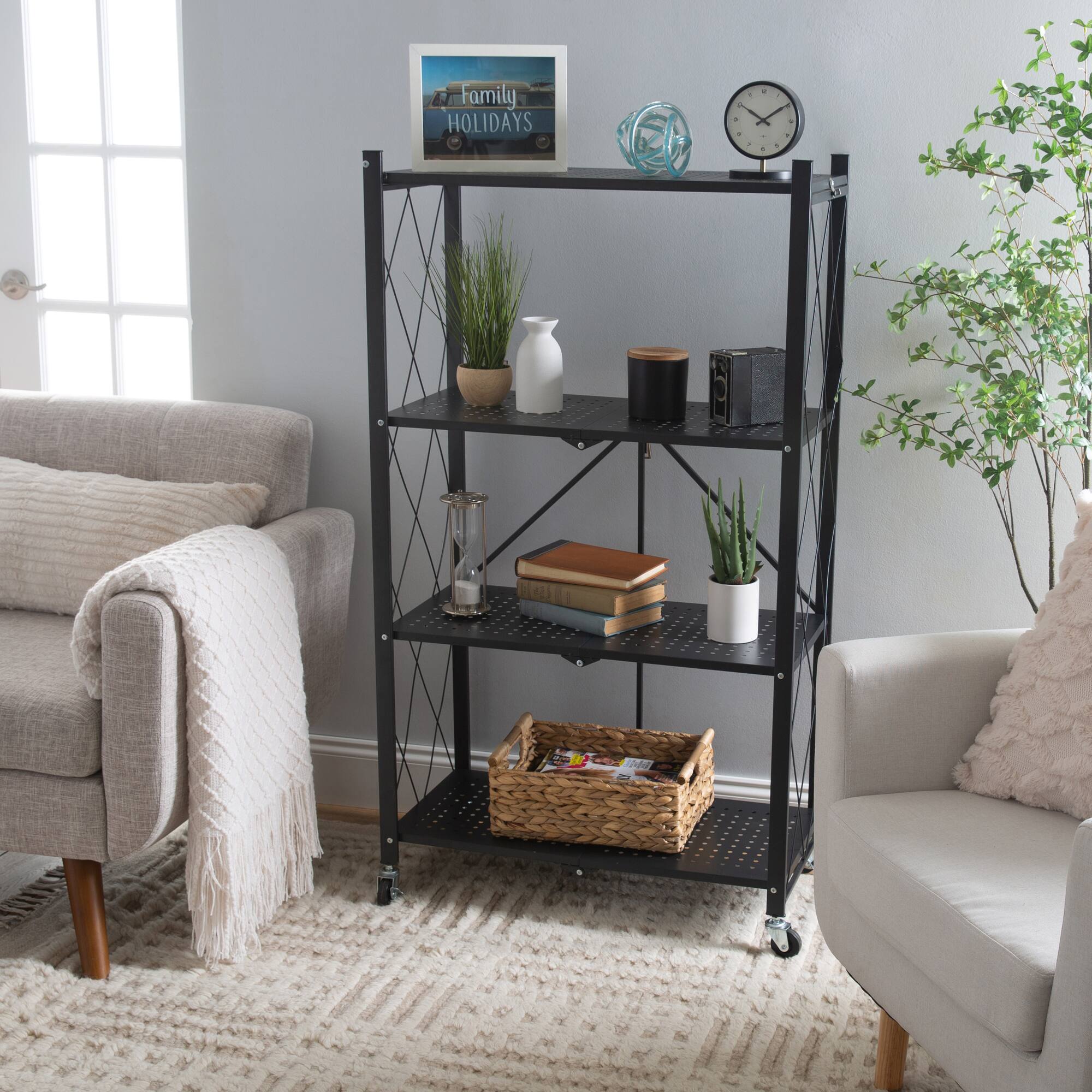 Organize It All Black 4-Tier Foldable Metal Rack with Wheels